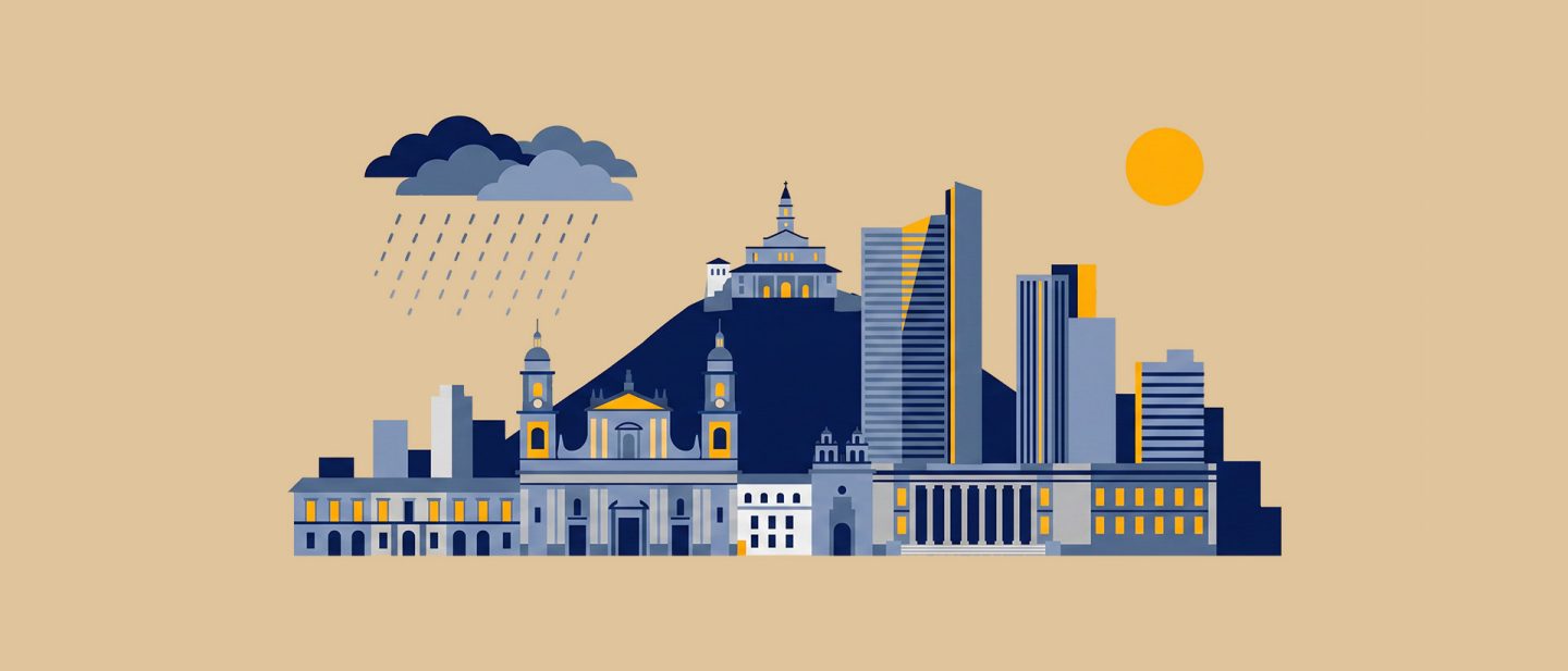 Illustration of a city skyline with modern buildings, historic landmarks, rain clouds, and a bright sun on a beige background.