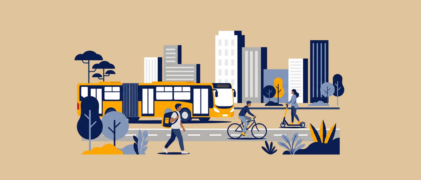 Illustration of a city scene with a yellow bus, pedestrian, cyclist, and scooter rider among buildings and trees.