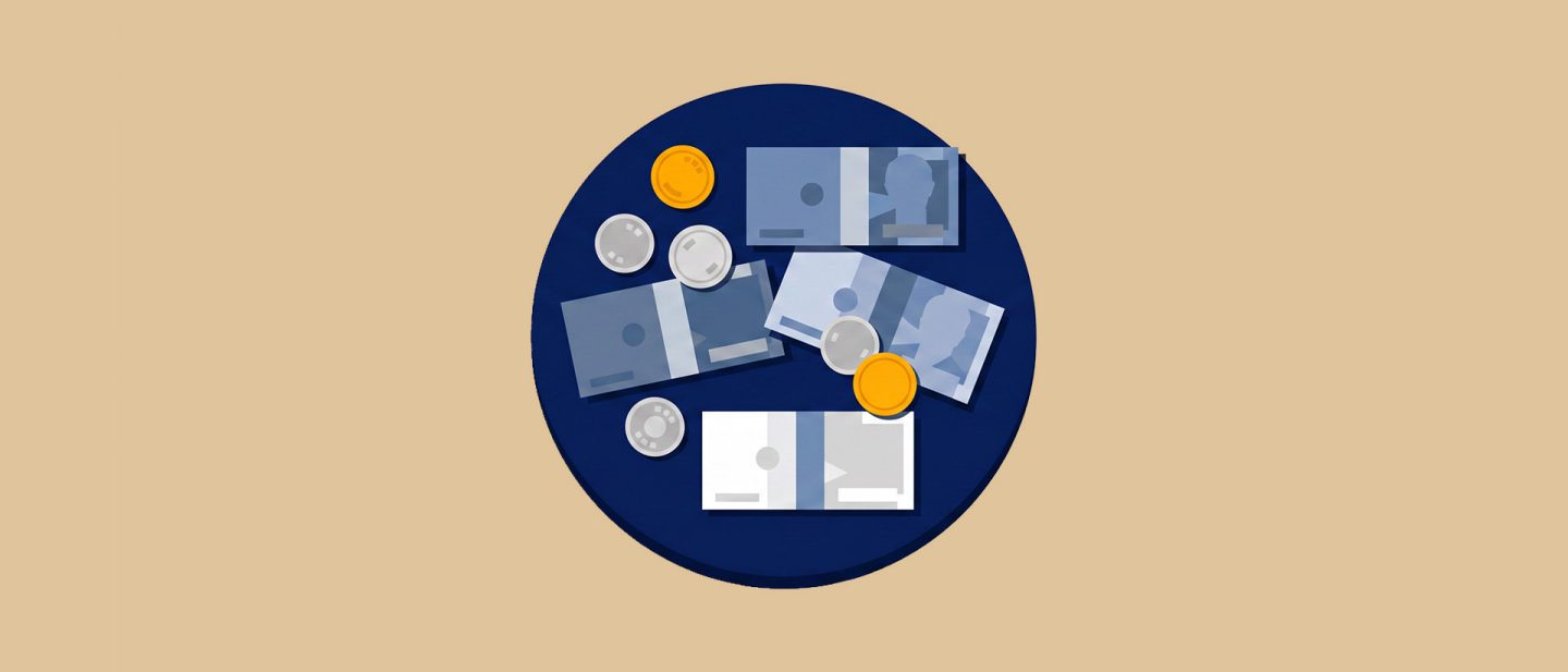 Illustration of various paper bills and gold and silver coins on a dark blue circular surface.