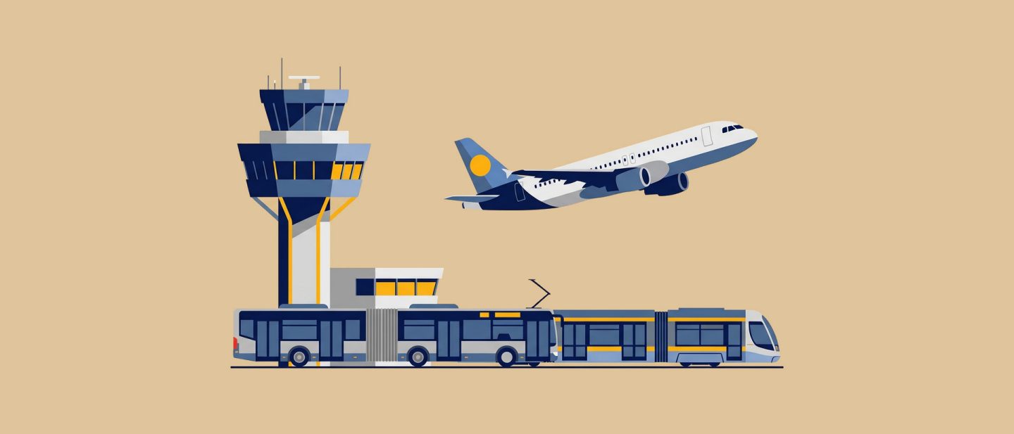 Illustration of an airport with a control tower, departing plane, bus, and tram for transportation