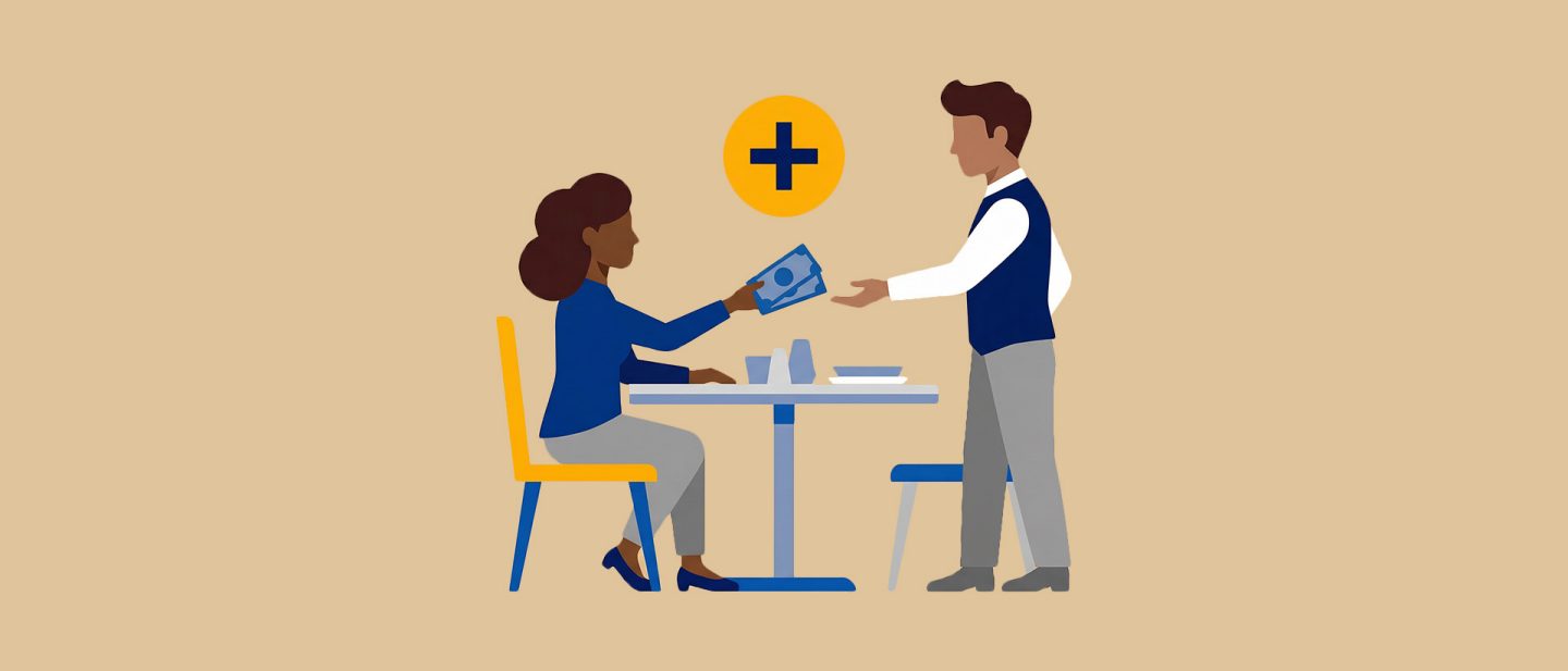 Illustration of a person in a restaurant giving a tip, symbolized by banknotes and a plus sign