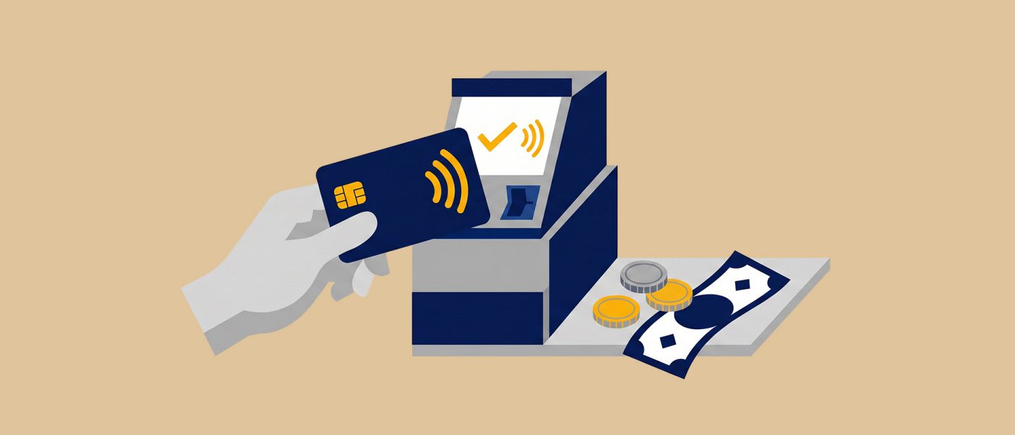 Illustration of a hand holding a contactless credit card near a payment terminal with cash and coins nearby.