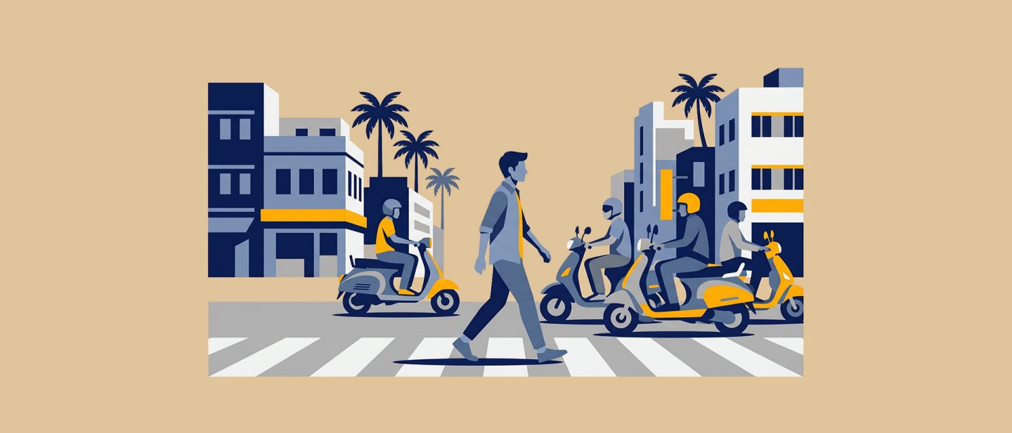 Illustration of a man walking on a crosswalk with scooters and buildings in a city street scene with palm trees.