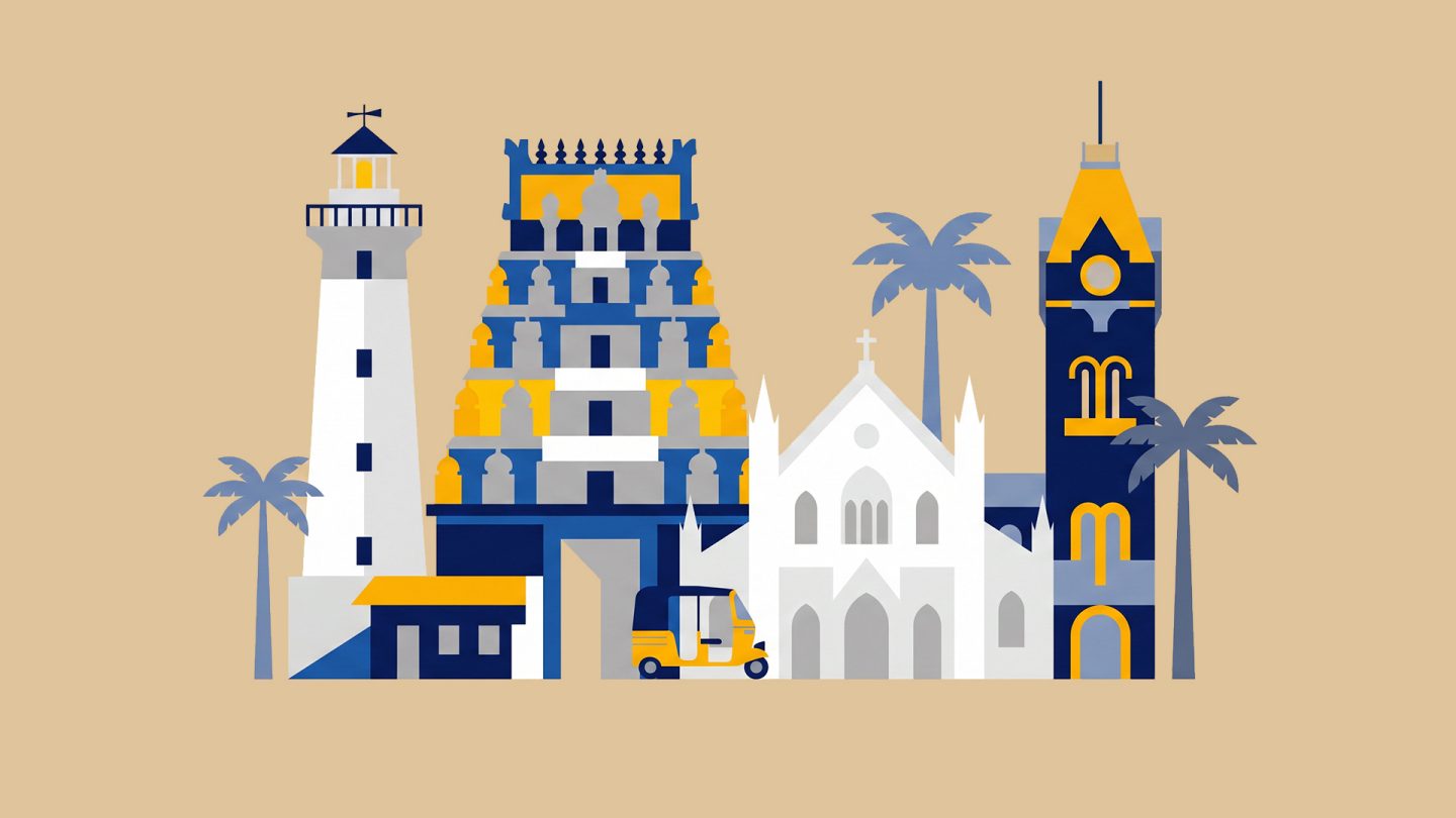 Illustration of a coastal cityscape with a lighthouse, temple, church, clock tower, palm trees, and an auto rickshaw.