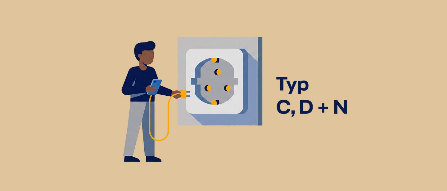 Illustration of a person plugging a yellow cord into a Type C, D, and N electrical outlet on a beige background.