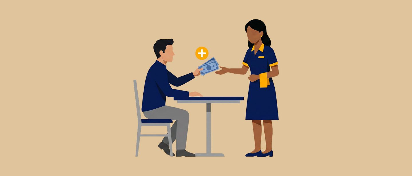 Illustration of a man paying cash to a waitress standing beside a table with a plus sign above the money.