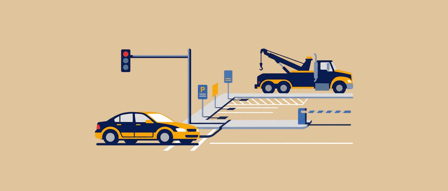 Illustration of a tow truck and a car at a red traffic light near a parking lot with signage and a barrier gate.