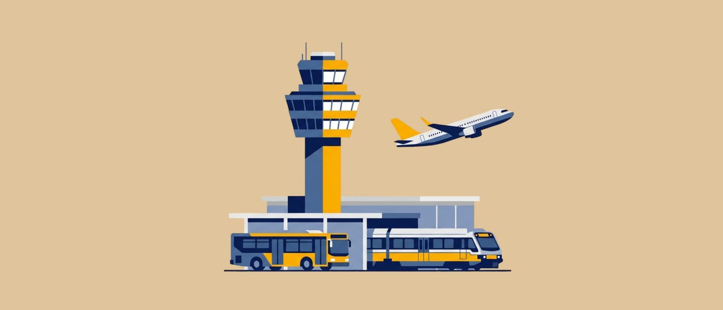 Illustration of an airport control tower with a plane taking off and ground transportation buses and trains.