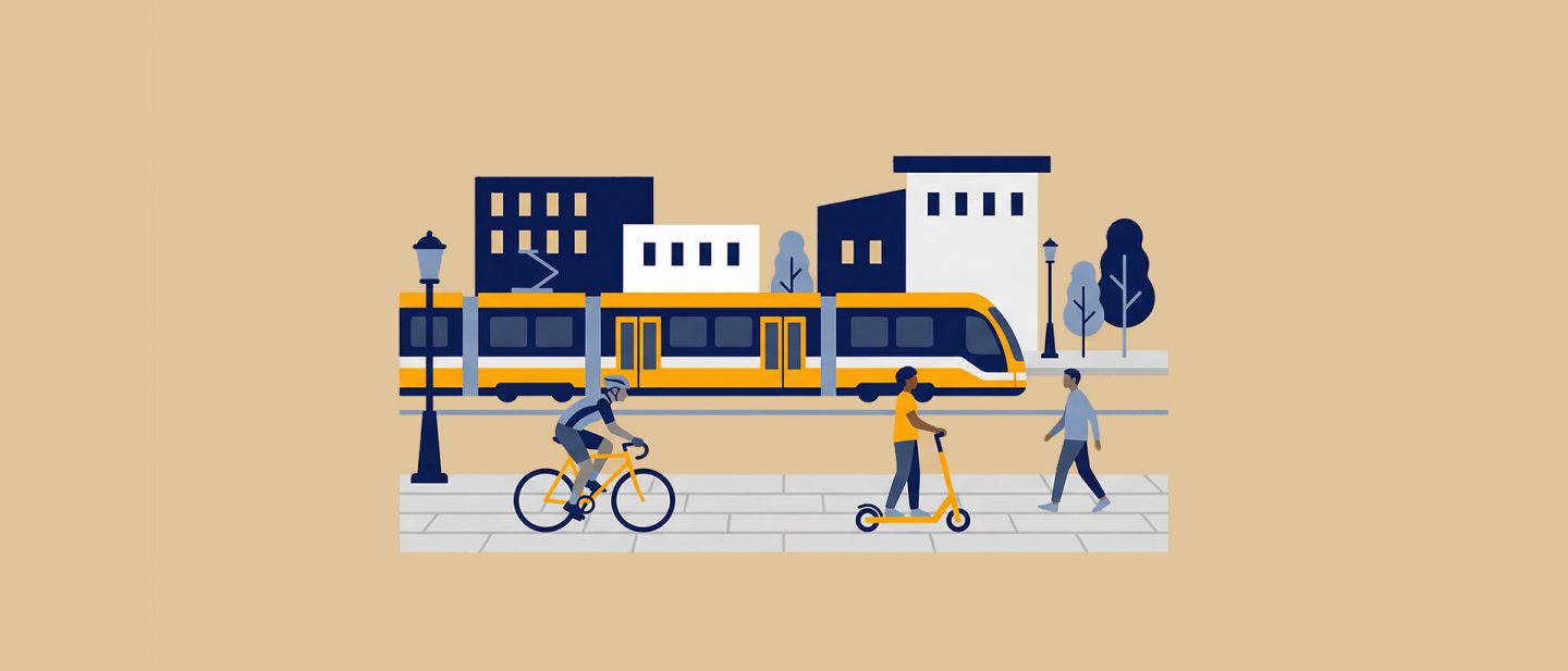 Illustration of people using a bike, electric scooter, and walking near a tram in an urban cityscape.