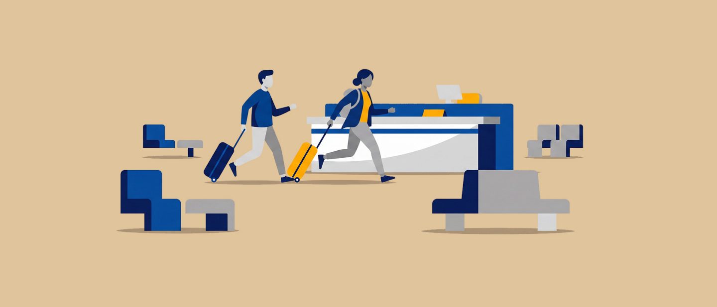 Illustration of an airport check-in area with two travelers running with rolling suitcases past a service desk.
