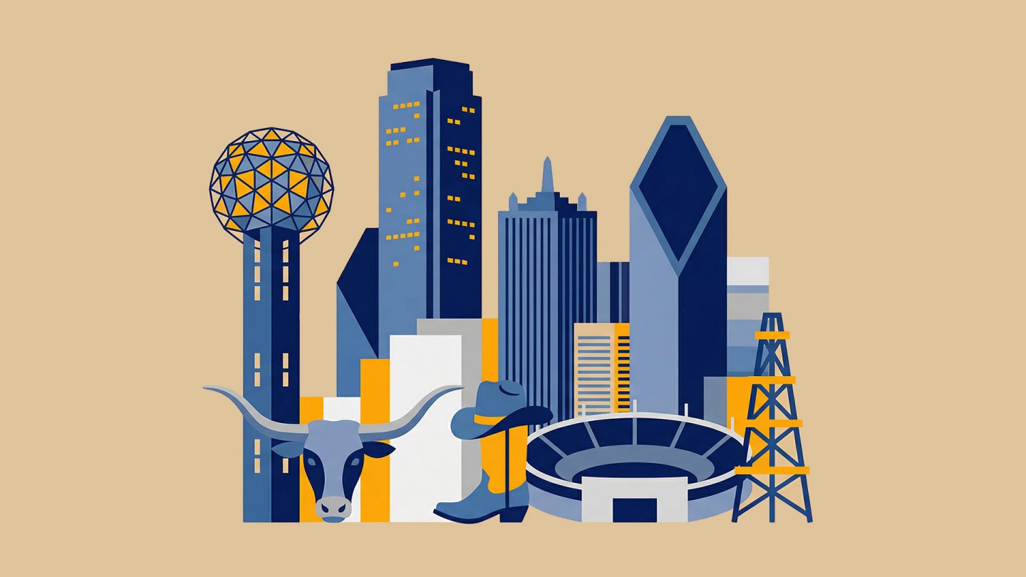 Illustration of the Dallas skyline with iconic buildings, a longhorn skull, cowboy boot, hat, and oil derrick.