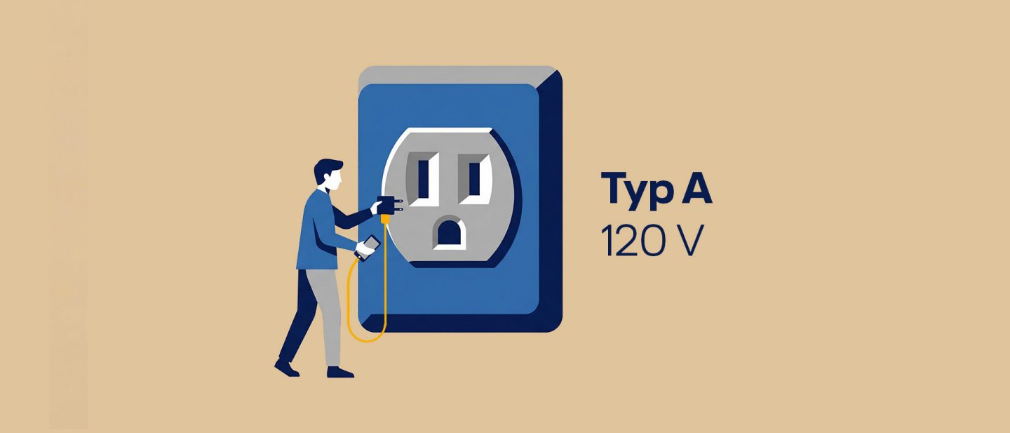 Illustration of a person plugging a device into a Type A 120V electrical outlet.