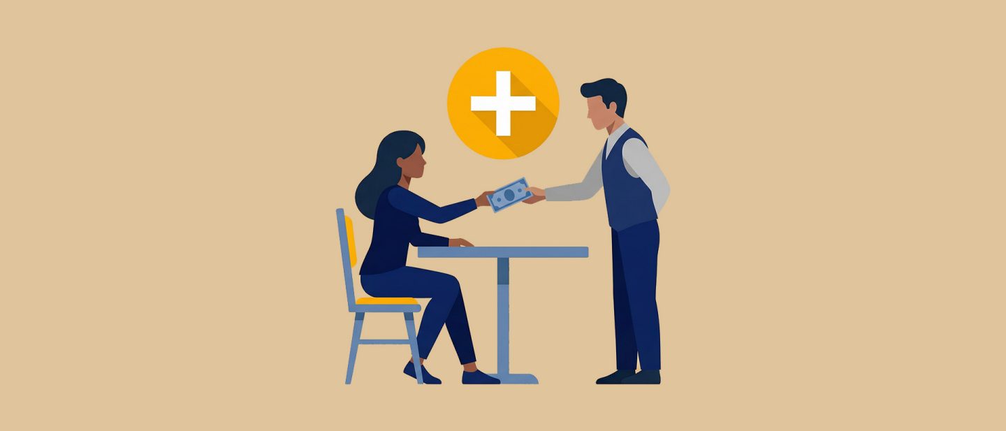 Illustration of a woman sitting at a table giving money to a man standing with a plus symbol above them.