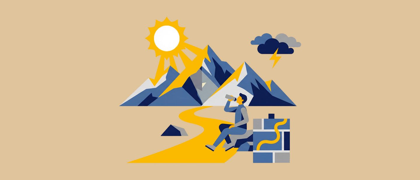 Illustration of a person resting and drinking water by a sunny mountain path with storm clouds in the distance.