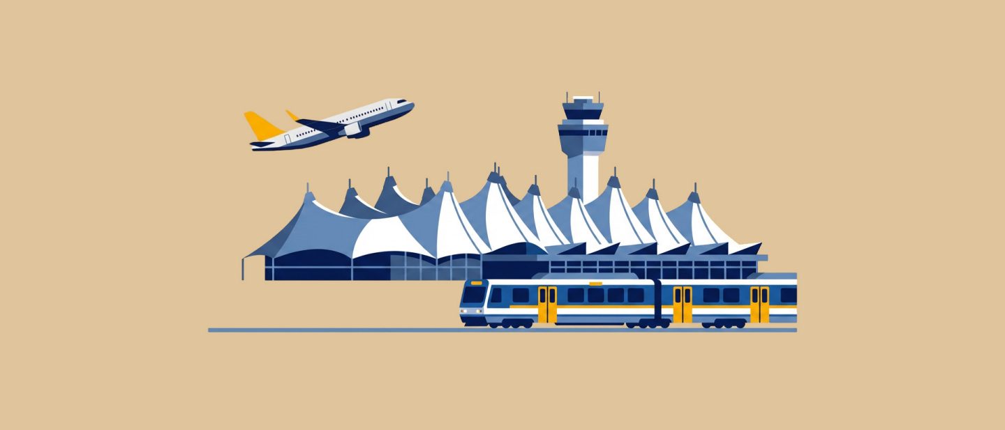 Illustration of an airport terminal with a control tower, airplane taking off, and a train nearby on a beige background.