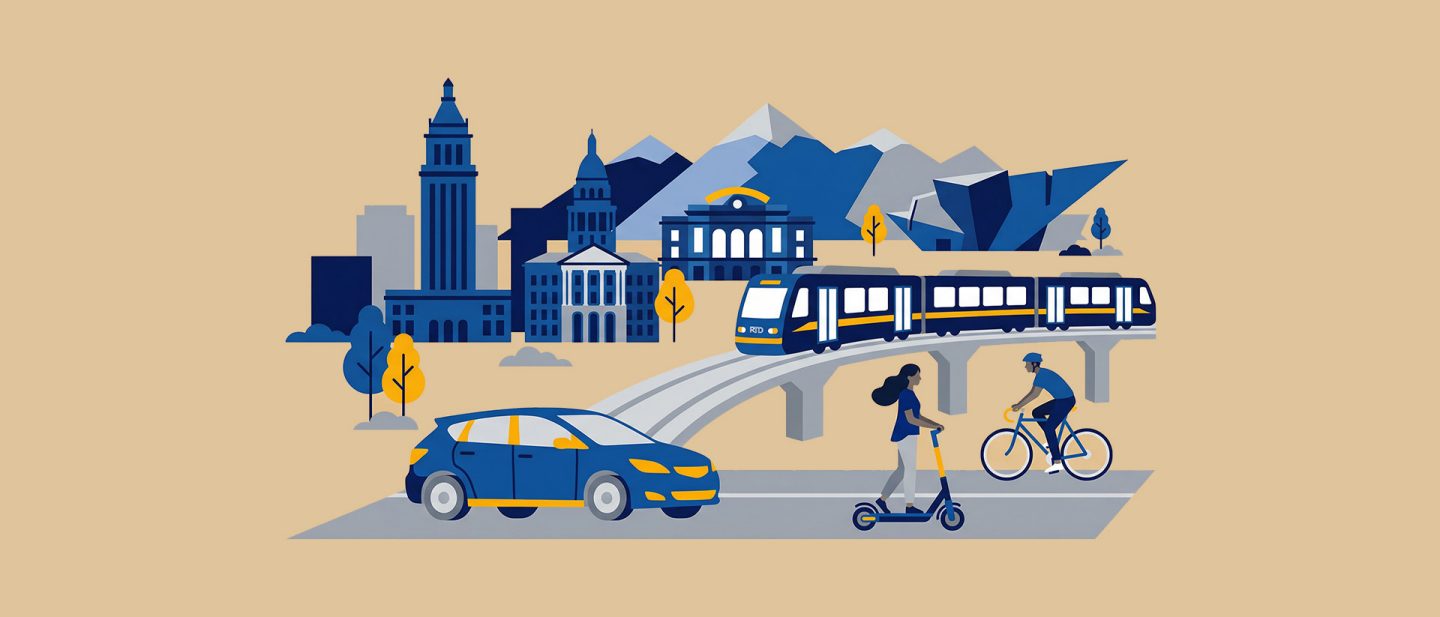 Illustration of a cityscape with public transit, car, scooter, cyclist, buildings, and mountains in the background.