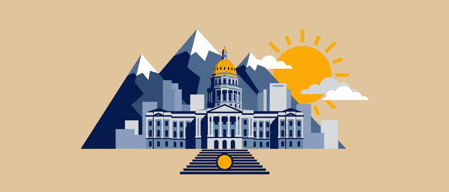 Illustration of the Colorado State Capitol building with mountains and a sun in the background.