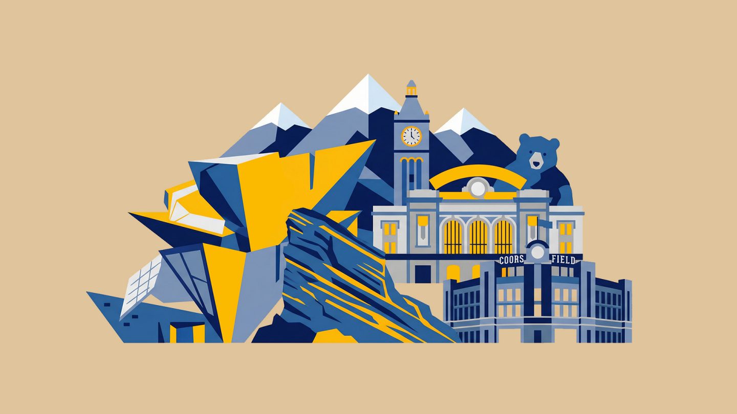 Illustration of Colorado landmarks including mountains, a bear, historic buildings, and Coors Field in blue and yellow tones.