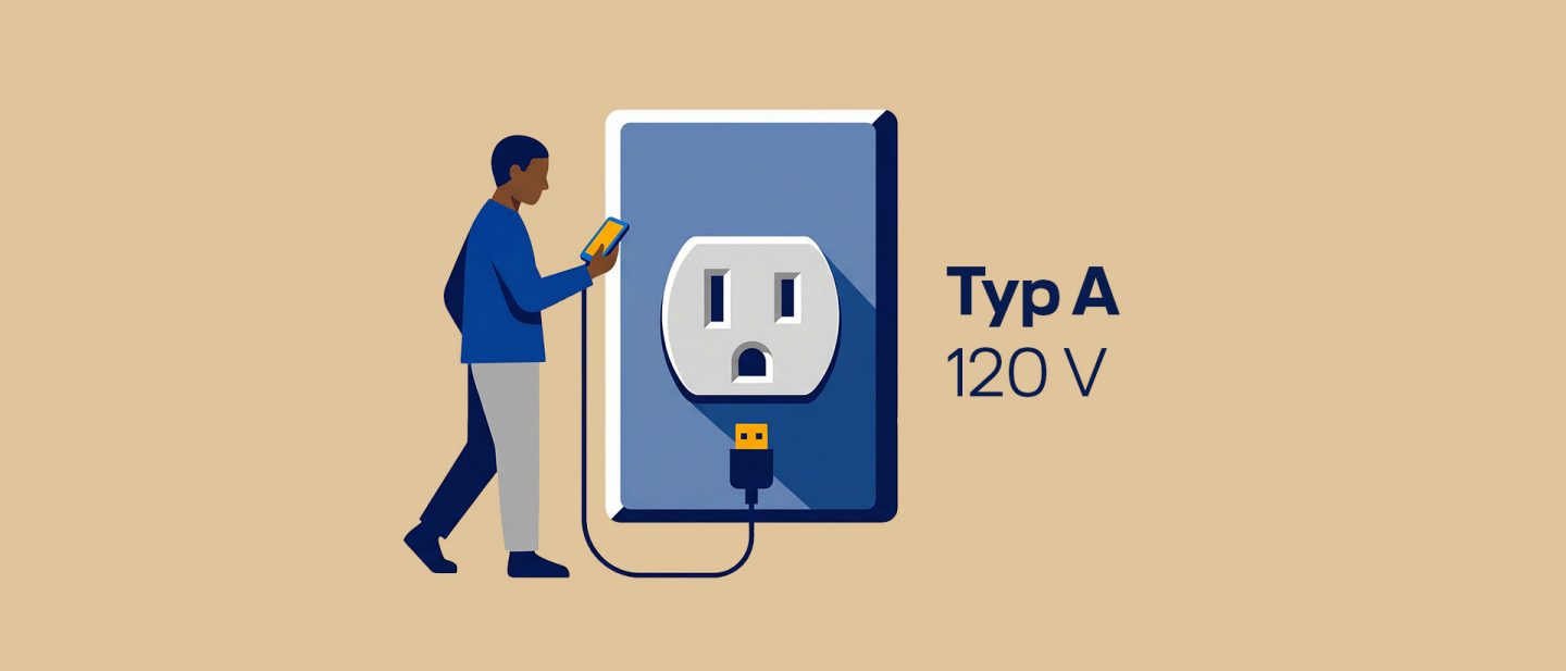 Illustration of a man charging a device with a Type A 120V electrical outlet and USB cable.