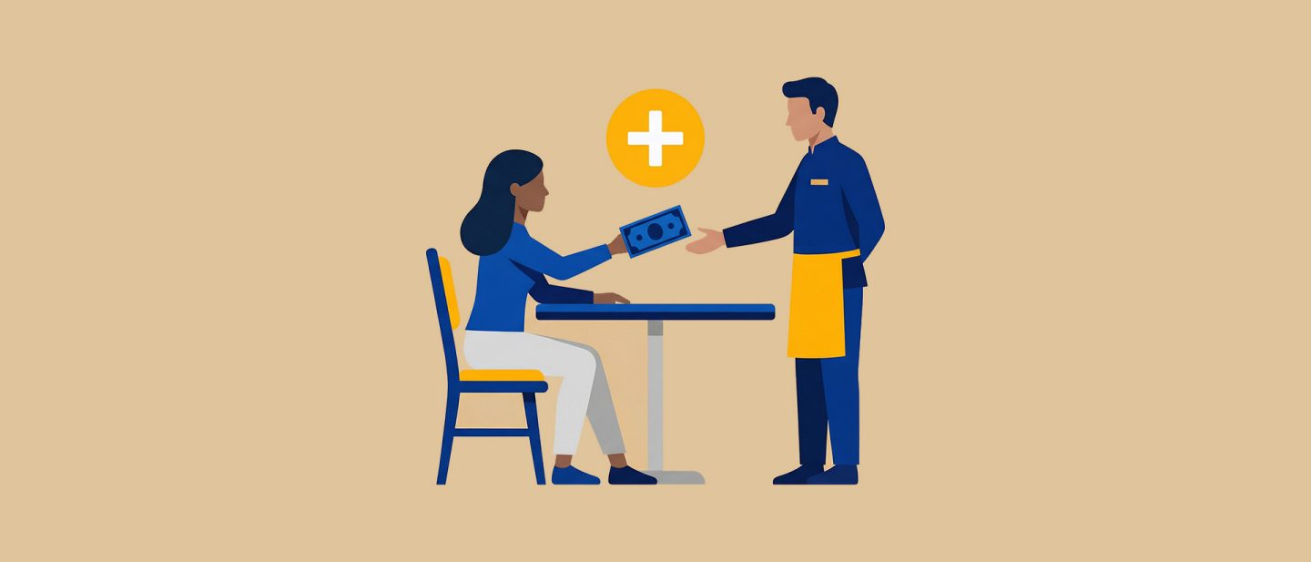 Illustration of a woman paying a waiter at a table, with a plus sign above them.