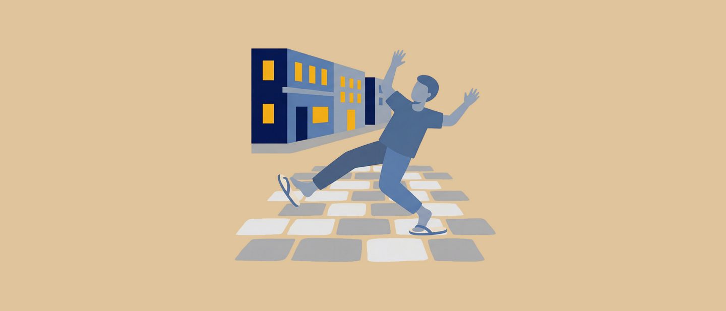 Illustration of a man tripping on cobblestones with illuminated building facades in the background