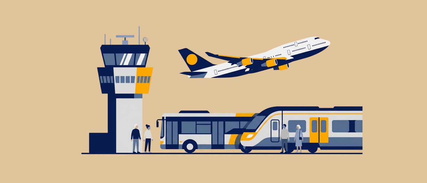 Illustration of an airport with a control tower, a departing jumbo jet, a bus, a train, and travelers