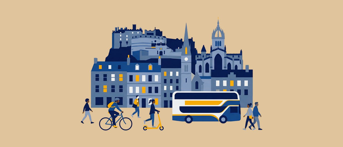 Illustration of an Edinburgh collage featuring the castle, St Giles' Cathedral, a double-decker bus, and commuters