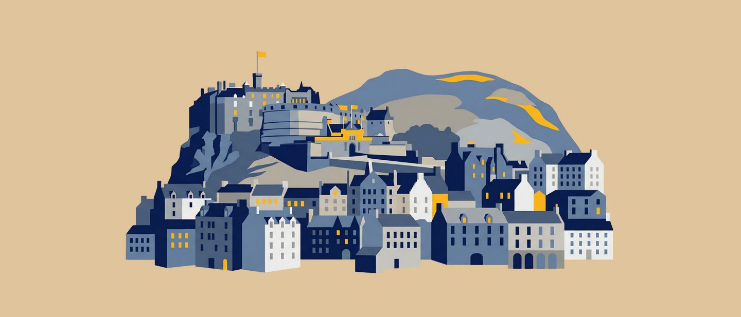 Illustration of an Edinburgh cityscape featuring the castle on the rock and Arthur's Seat in the background