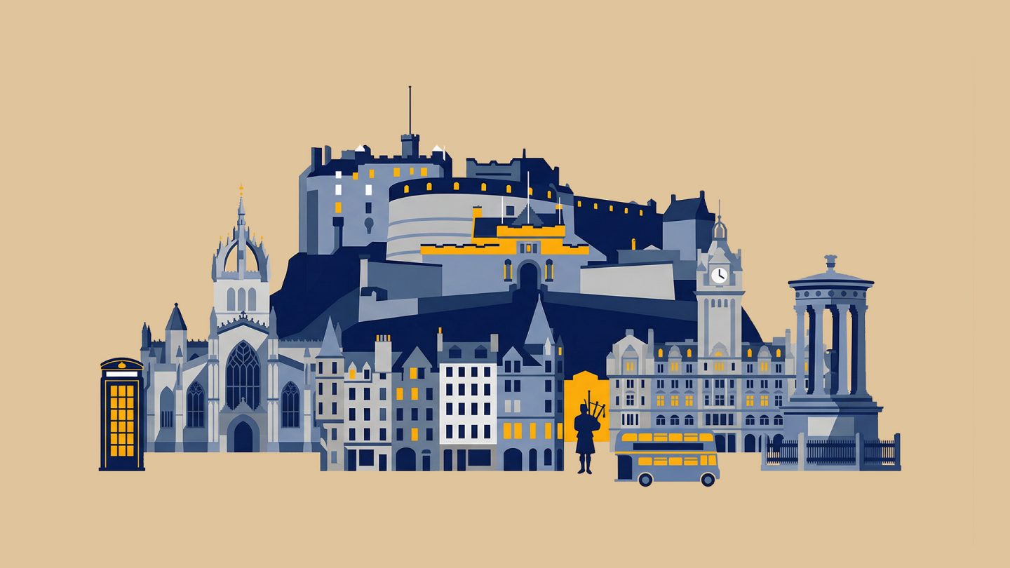 Illustration of an Edinburgh collage with the castle, St Giles', a bagpiper, a phone booth, and a double-decker bus