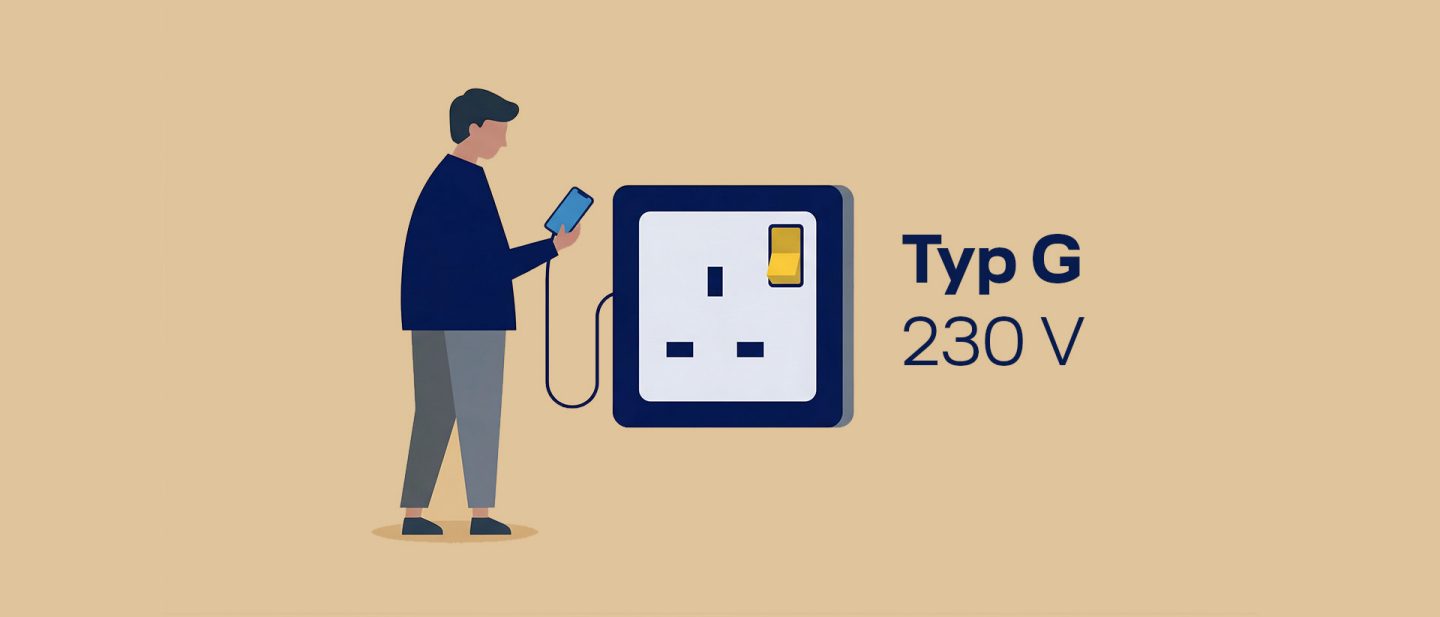 Illustration of a man charging his smartphone at a Type G (230 V) power outlet