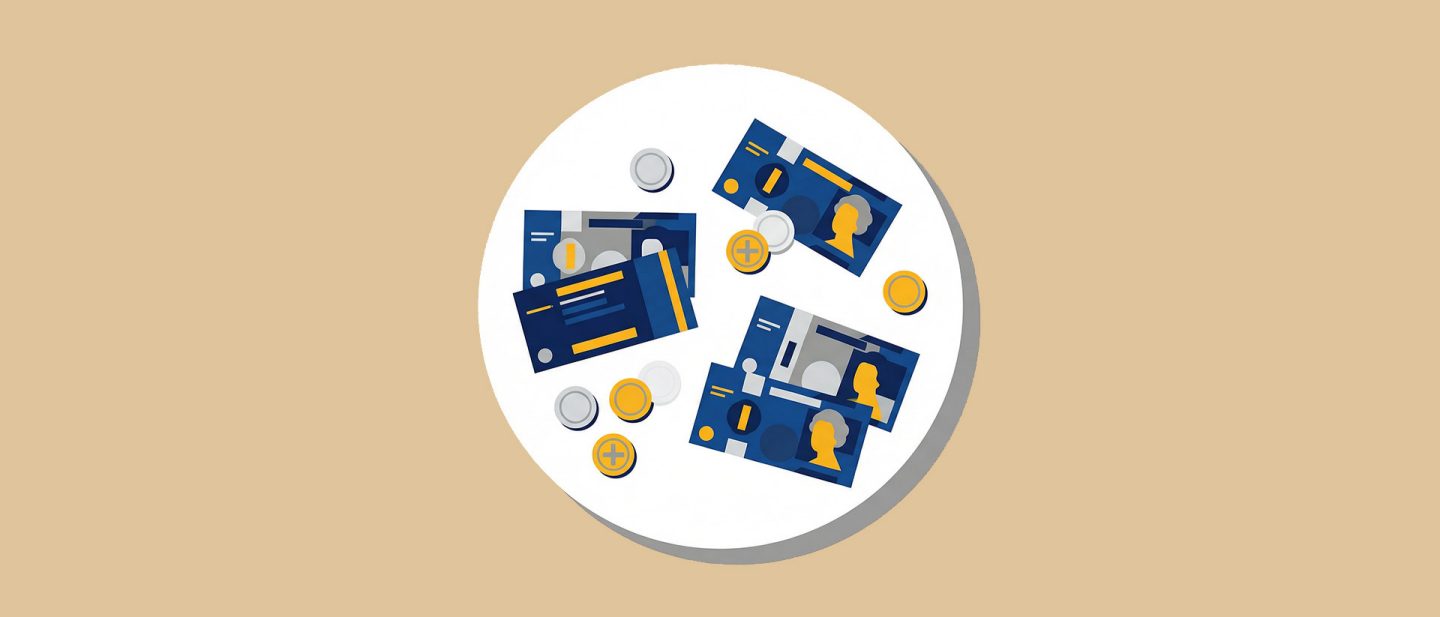 Illustration of a top-down view of a white plate with banknotes and coins, representing a tip