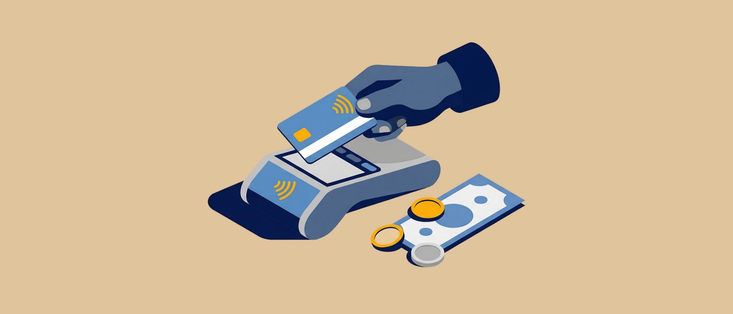 Illustration of a hand using a credit card to make a contactless payment, next to coins and banknotes