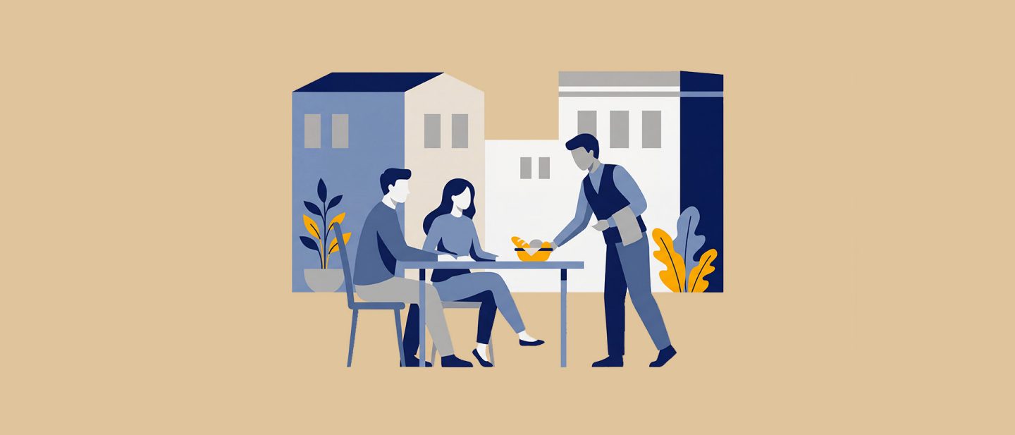 Illustration of a couple at an outdoor table being served bread by a waiter, with a city background
