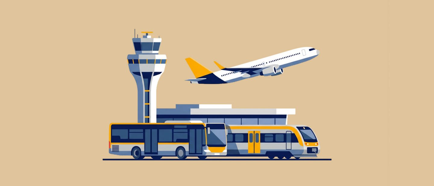 Illustration of an airport with a plane taking off, control tower, bus, and train
