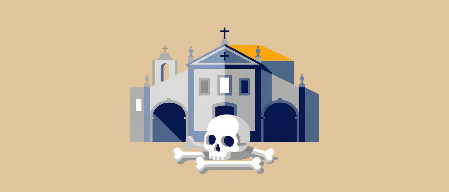 Illustration of a skull and crossbones in front of a historic church or chapel