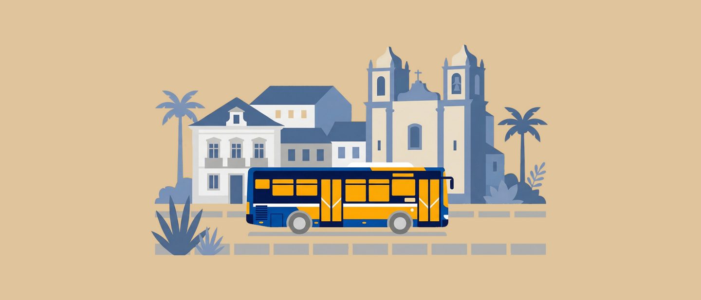 Illustration of a yellow and blue bus in front of a historic town with a church and palms