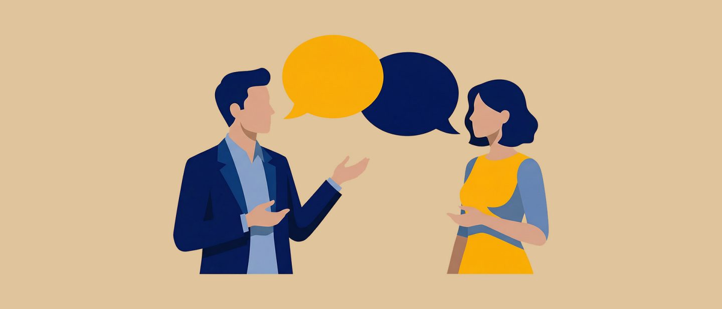 Illustration of a woman and a man in conversation with speech bubbles