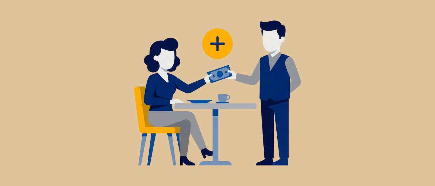 Illustration of a woman in a restaurant giving a tip to the waiter, with a plus symbol above them