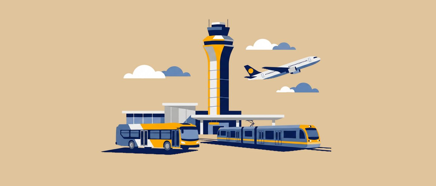 Illustration of an airport control tower with a plane taking off, a bus, and a train in blue and yellow.