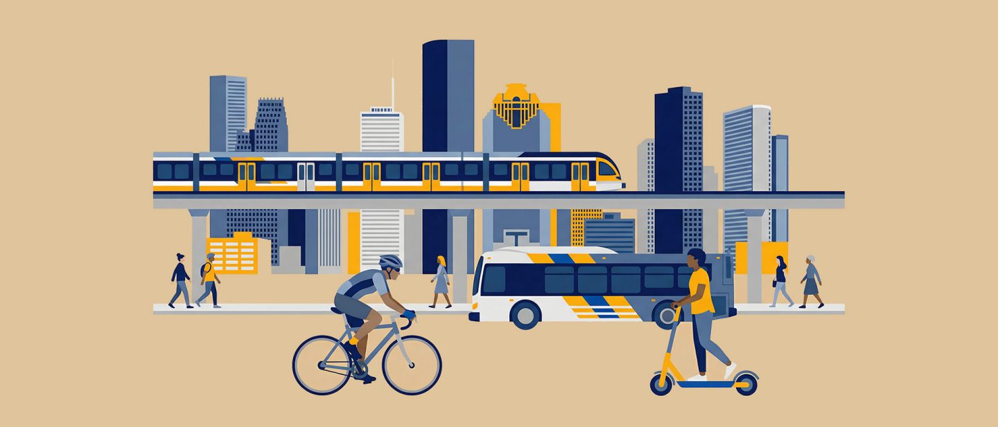 Illustration of a city skyline with people commuting by bike, scooter, bus, and elevated train in an urban transportation scene.