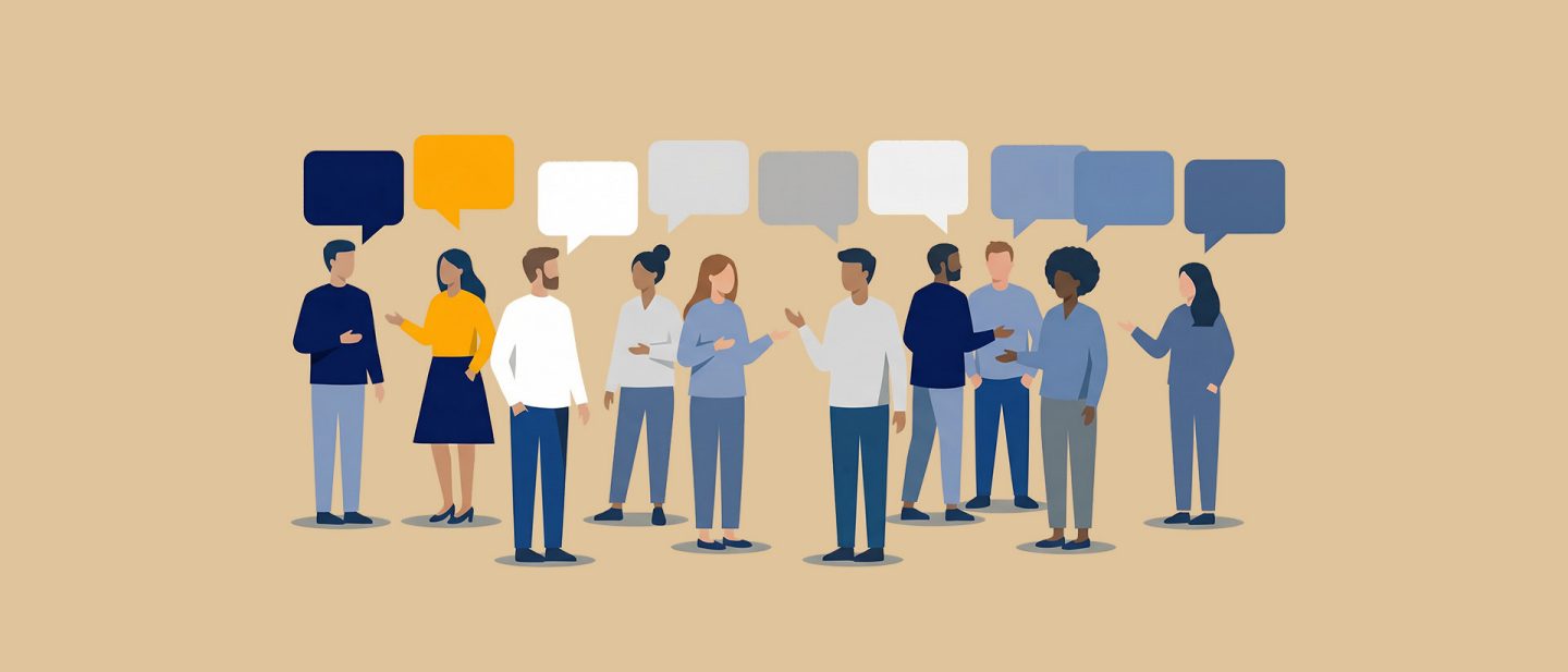 Illustration of diverse people engaged in conversation with colorful speech bubbles on a beige background.