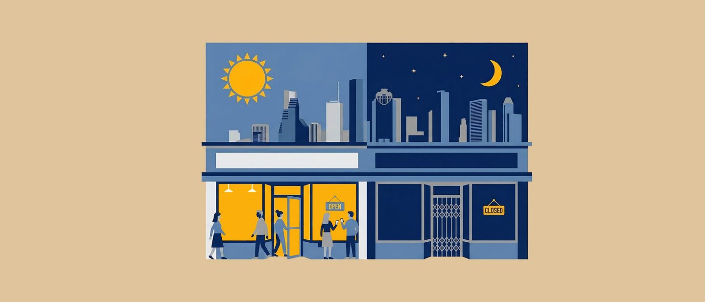Illustration of a city storefront open during the day with people, and closed at night with a dark sky and moon.