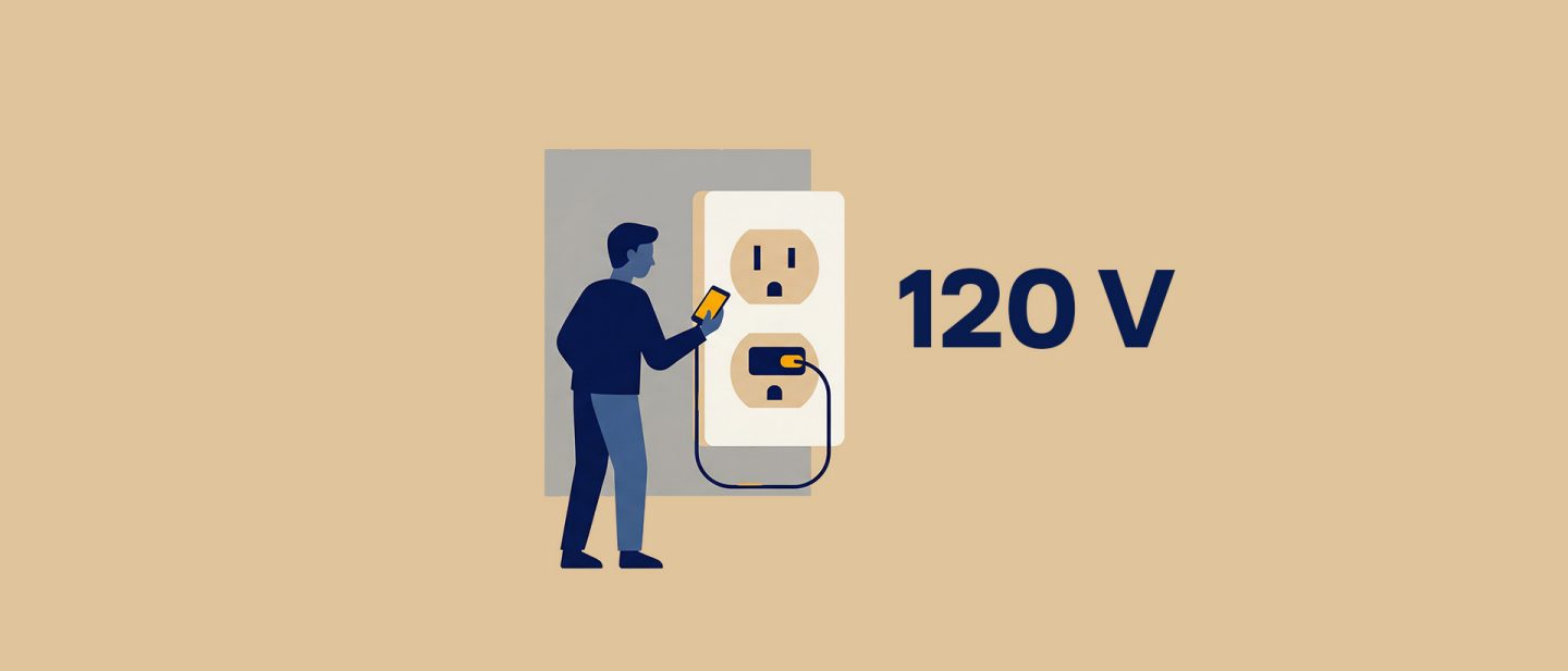 Illustration of a person charging a smartphone from a 120V electrical outlet on a beige background.