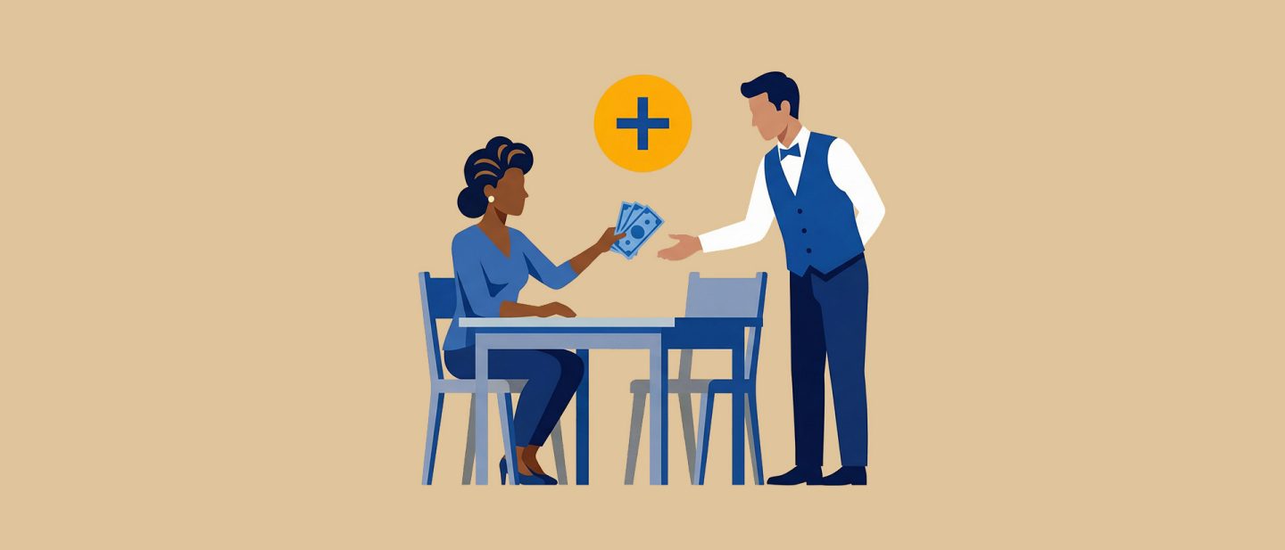 Illustration of a woman handing money to a waiter at a restaurant table with a plus sign above them.