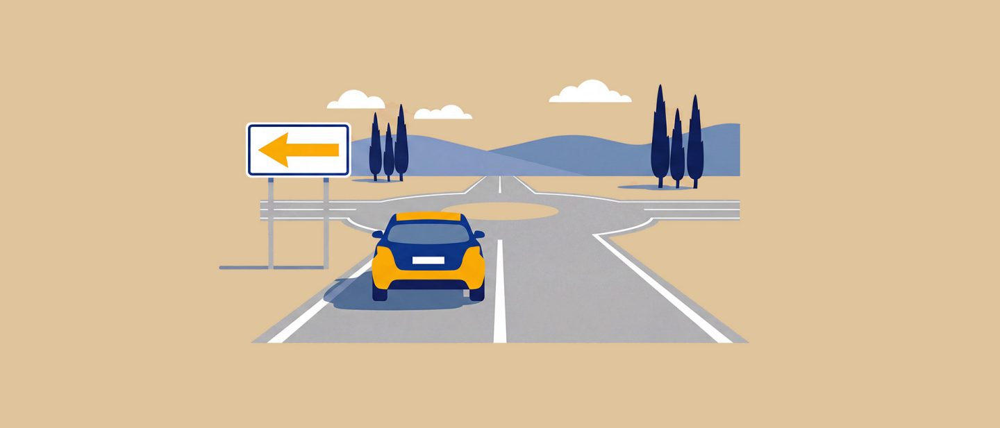 Illustration of a car approaching a roundabout with a left turn arrow and trees in the background.