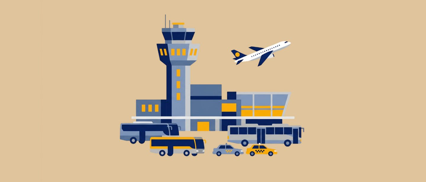 Illustration of an airport with a control tower, airplane, buses, and taxis on a beige background.