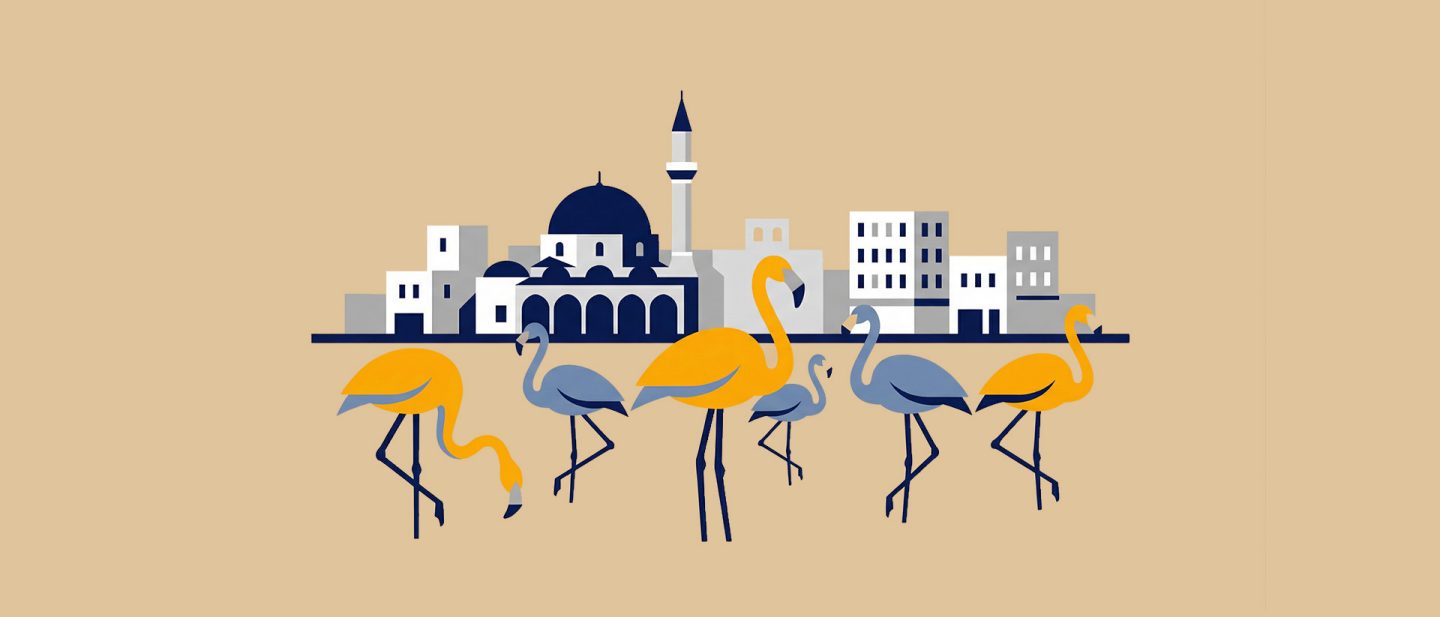 Illustration of flamingos in front of a Middle Eastern city skyline with domes and minarets on beige background.