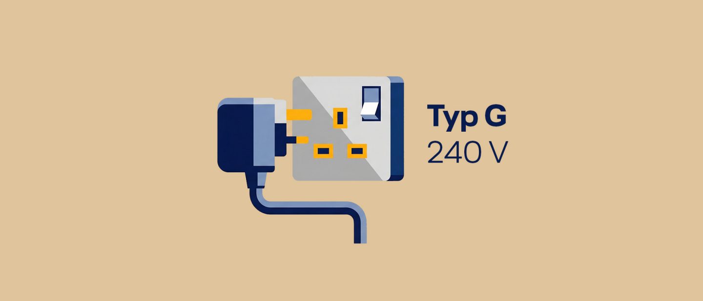 Illustration of a Type G 240V electrical plug and socket with a switch on a beige background.