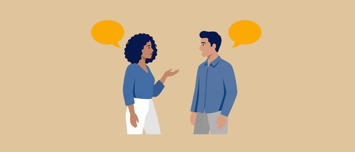 Illustration of a man and woman having a conversation with orange speech bubbles on a beige background.