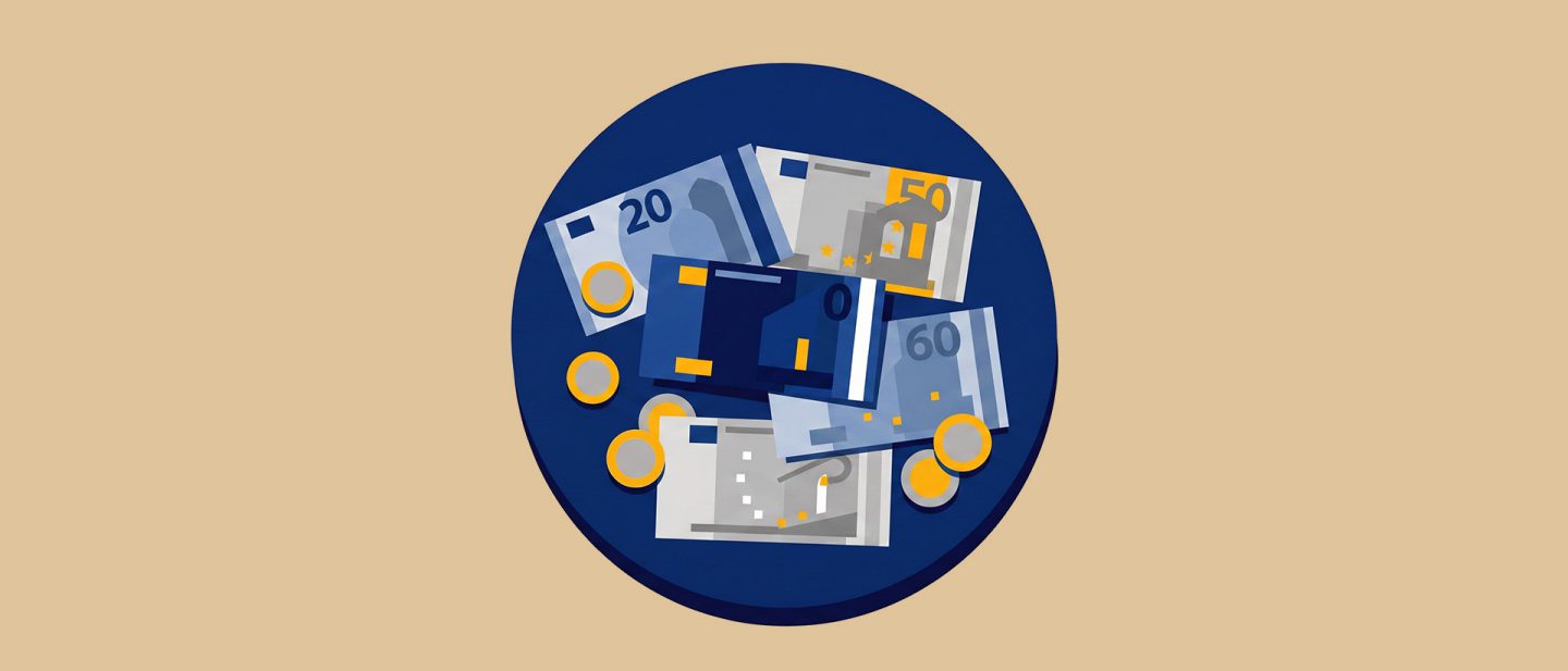 Illustration of euro banknotes and coins scattered on a blue circular surface with a beige background.